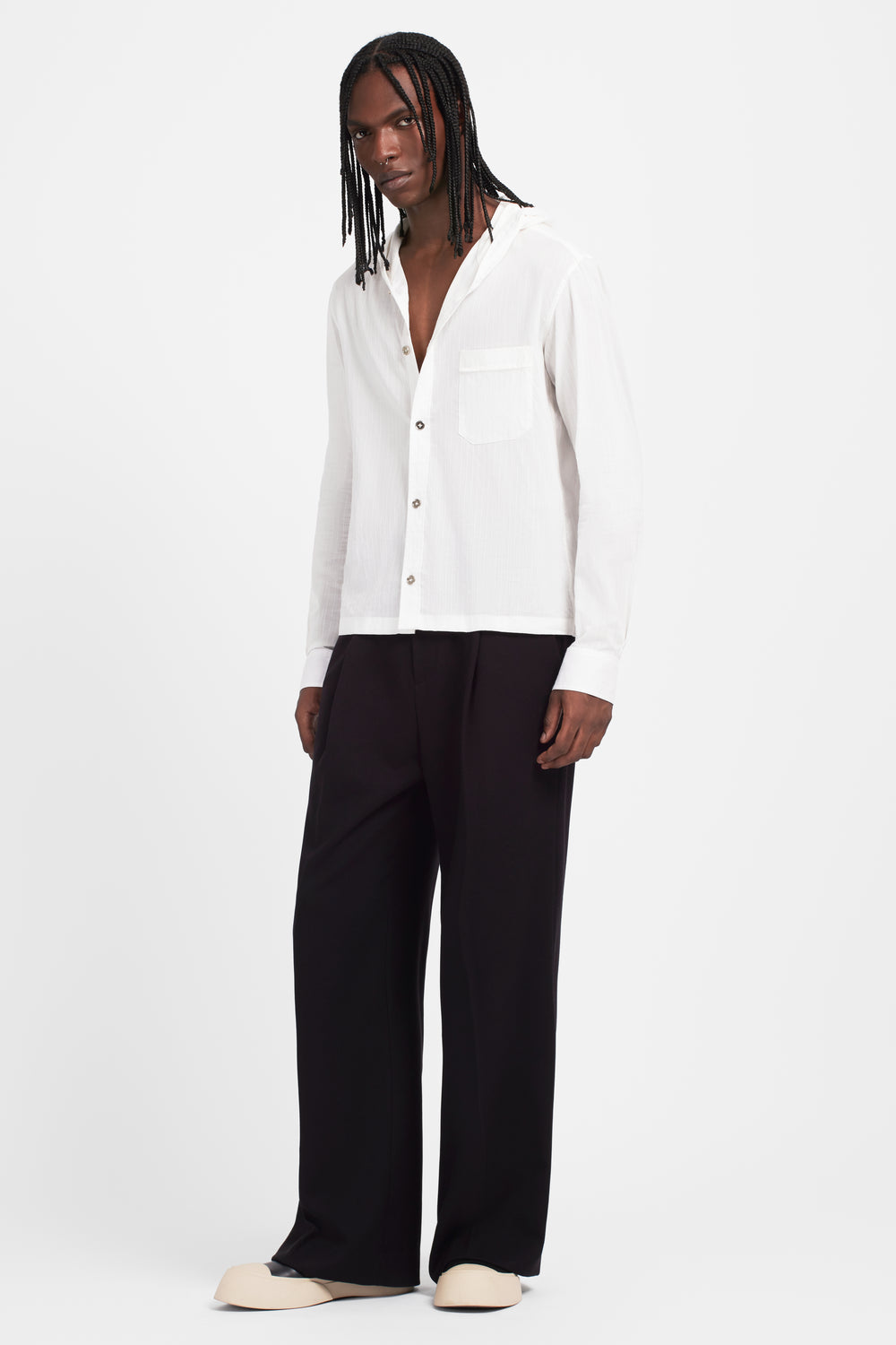 White Shadow-Stripe Hoodie Shirt