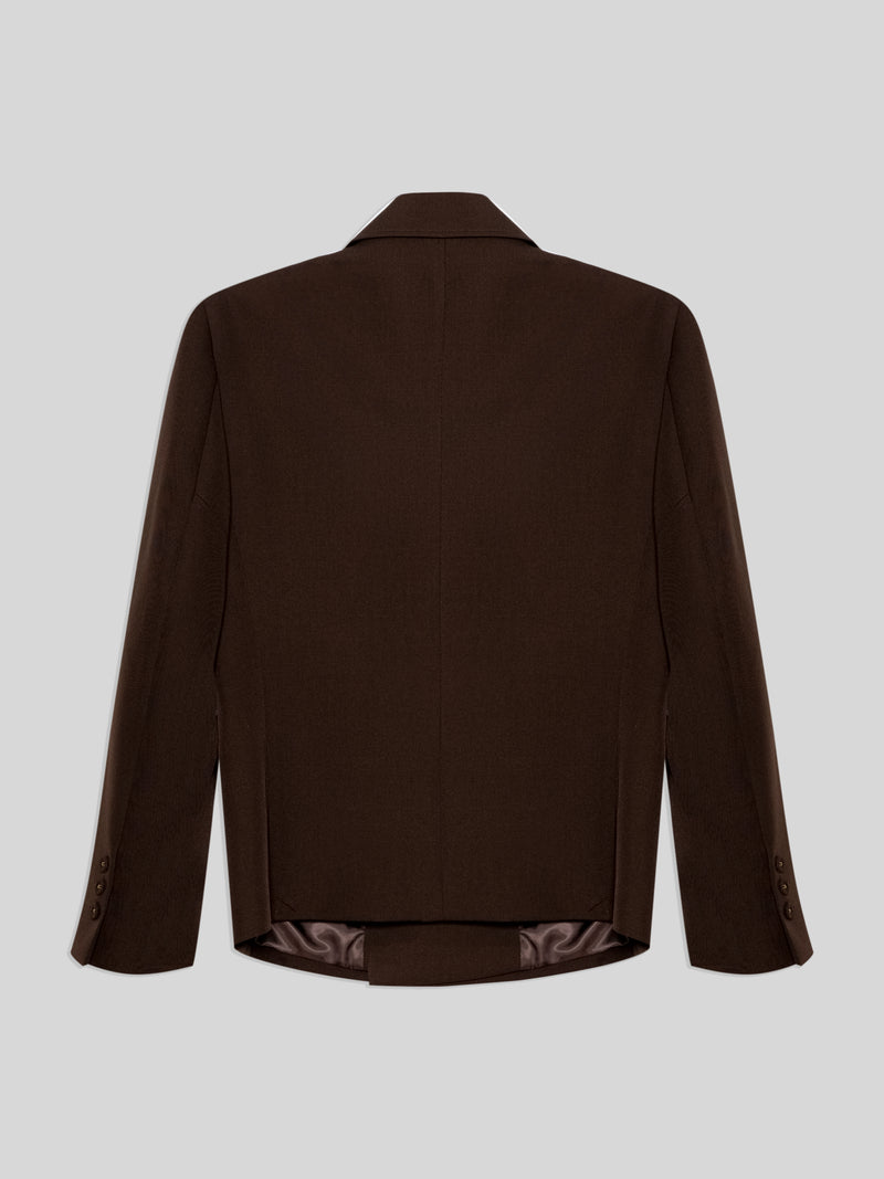 Back of Dark brown double-breasted jacket with front and inner pockets, fabric buttons on front and sleeves, and fully lined.